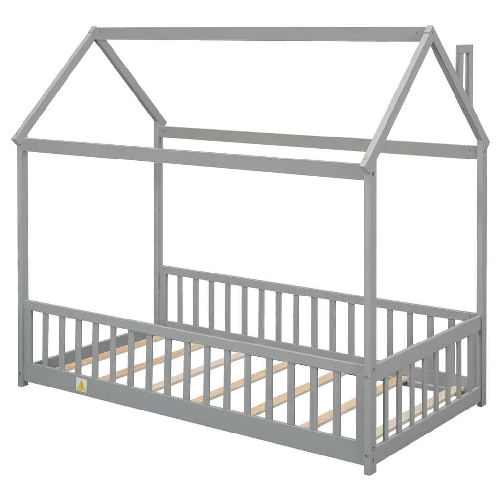 Twin House Bed Frame with Guardrails, Slats ,Grey