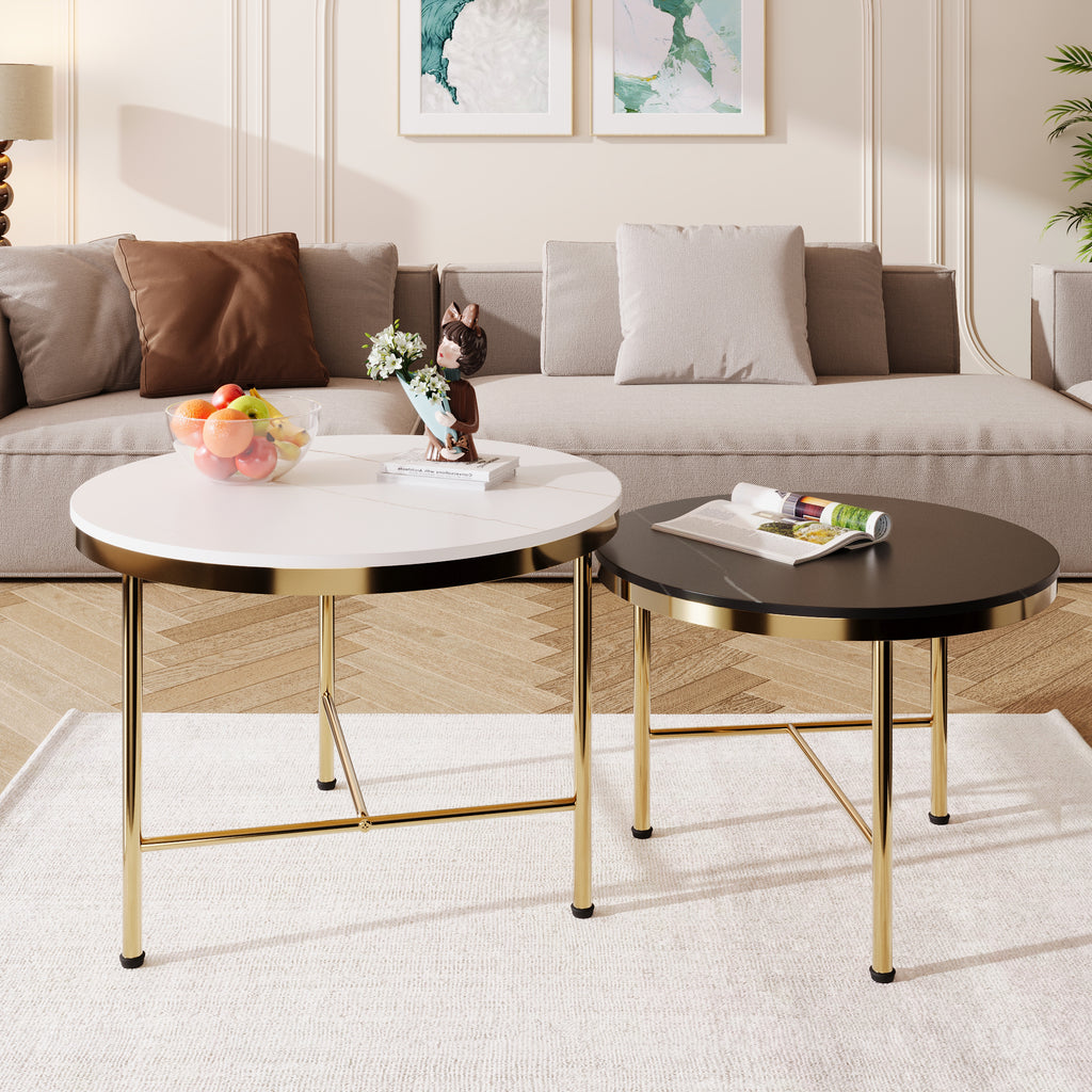 Leoglint Modern Round Nesting Coffee Table Set 2-Piece Black & White Sintered Stone Top Gold Base in 23.6''&17.7''