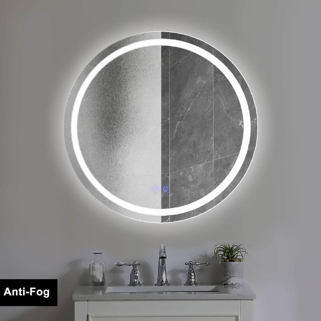 Leoglint 32 x 32 Inch Round Frameless LED Illuminated Bathroom Mirror, Touch Button Defogger, Metal, Frosted Edges, Silver