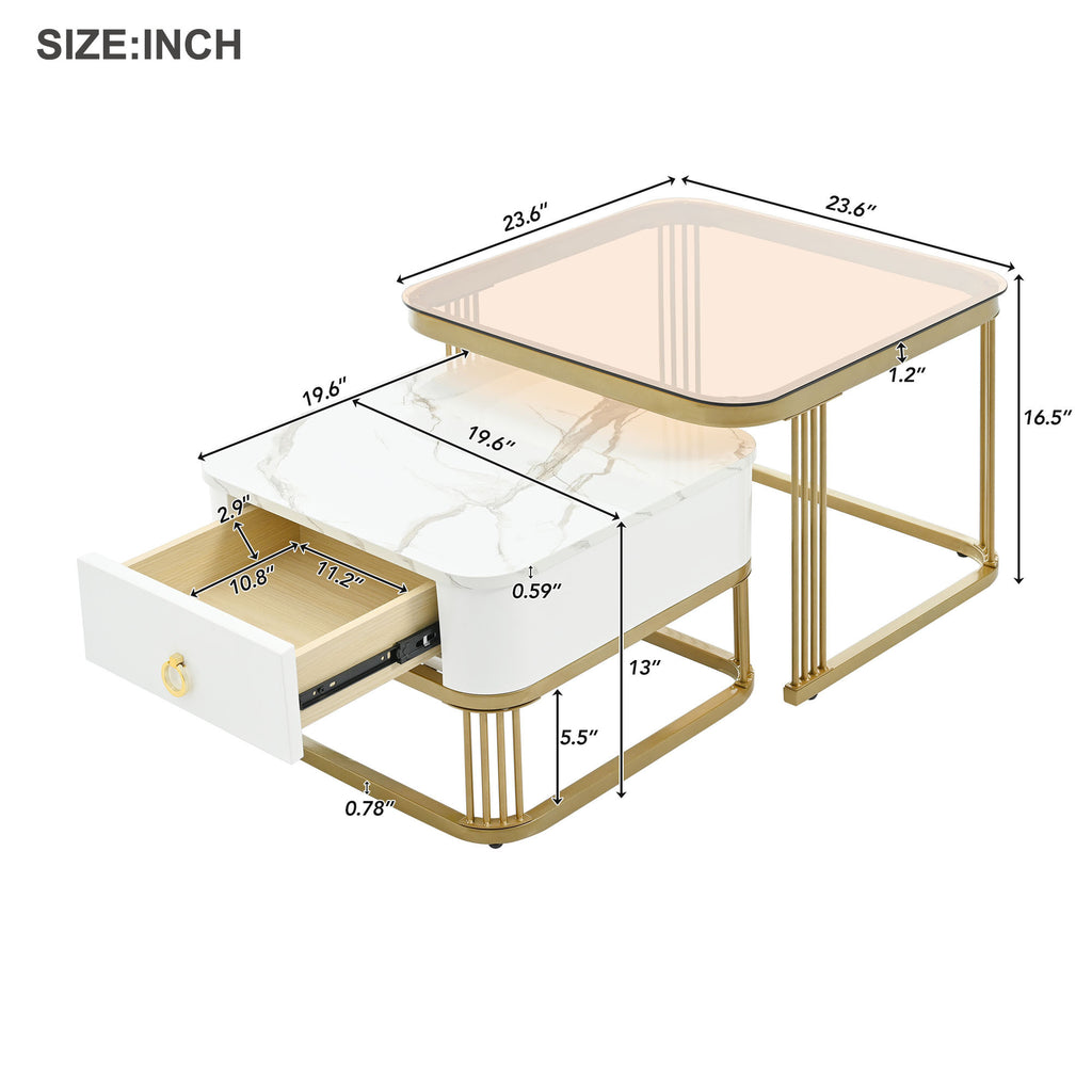 Leoglint ON-TREND Nesting Coffee Table with Drawer, Set of 2, Exquisite Square Stacking Coffee Tables with Brown Tempered Glass, Side Table with High Gloss Marble Grain Tabletop for Living Room, White