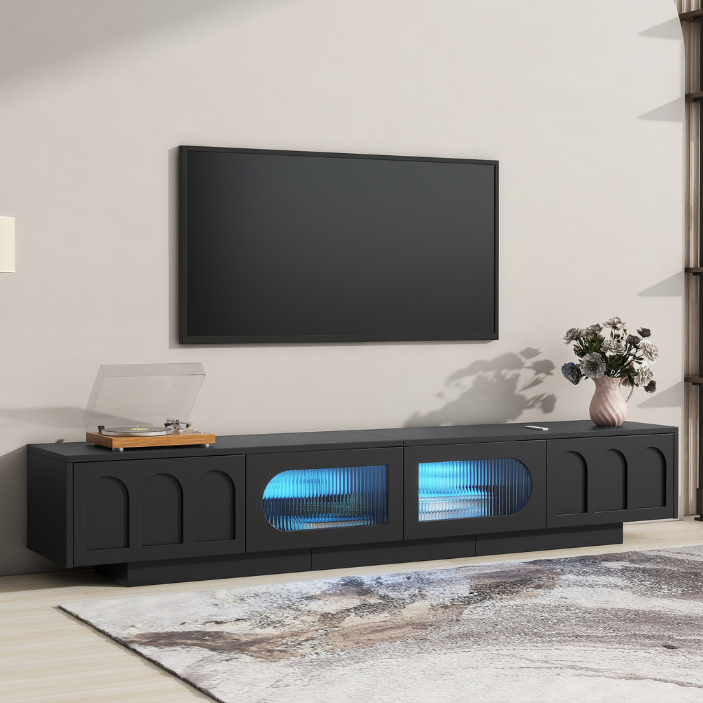 Leoglint ON-TREND TV Stand with Fluted tempered Glass Doors for TVs Up to 95'', Functional Media Console with Arched Cabinet Doors, Entertainment Center with APP-Controlled LED Light for Living Room, Black