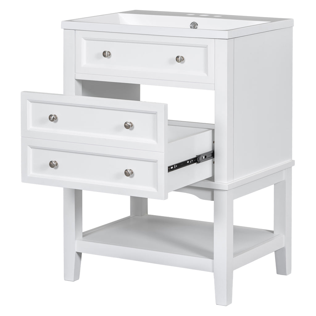 Leoglint 24" Bathroom Vanity With Sink, Bathroom Storage Cabinet with Drawer and Open Shelf, Solid Wood Frame, White