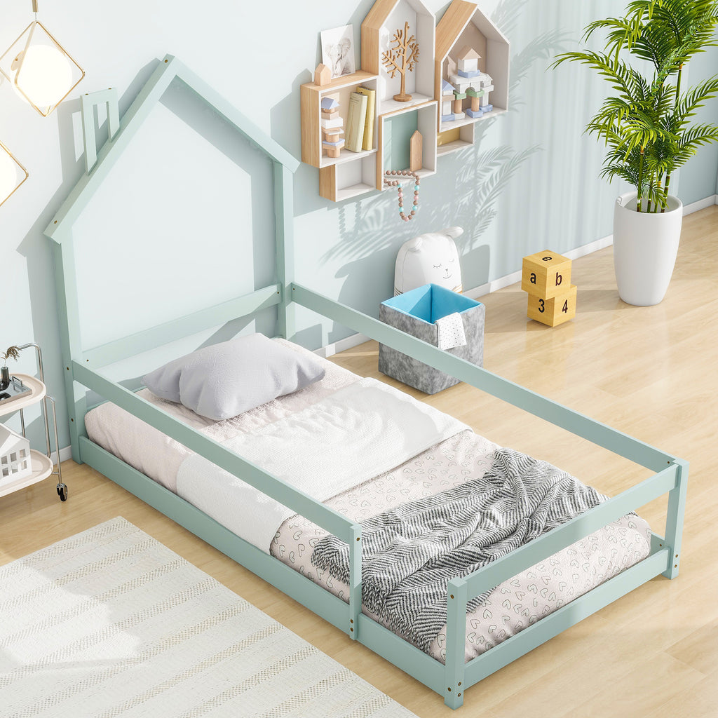 Leoglint Twin Size Wood bed frame with House-shaped Headboard Floor bed with Fences,Light Green