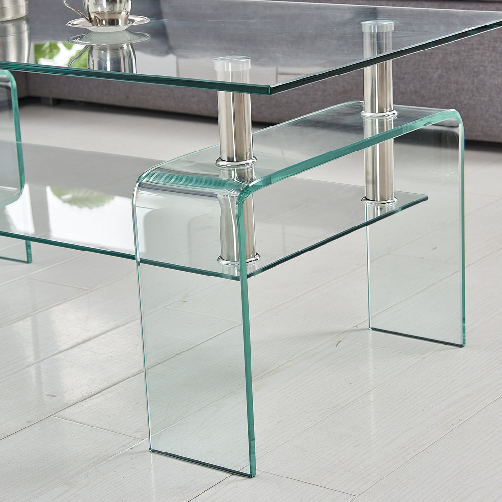 Leoglint Rectangle Clear Glass Coffee Table, Modern Glass Coffee Table for Living Room, 2-Tier Storage Center Coffee Table,Tempered Glass Tea Table