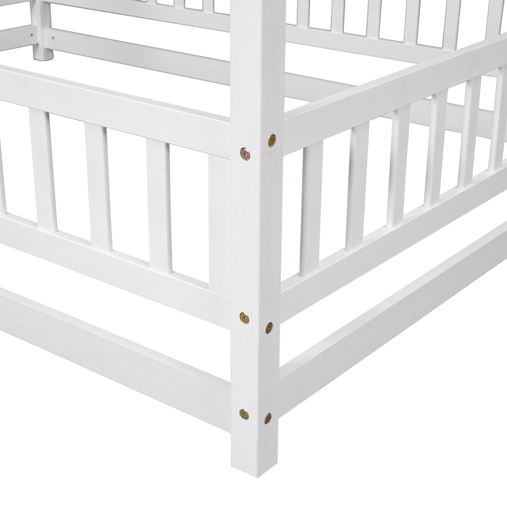 Leoglint Bed Frame Full Size Floor Wooden Bed with House Roof Frame, Fence Guardrails ,White