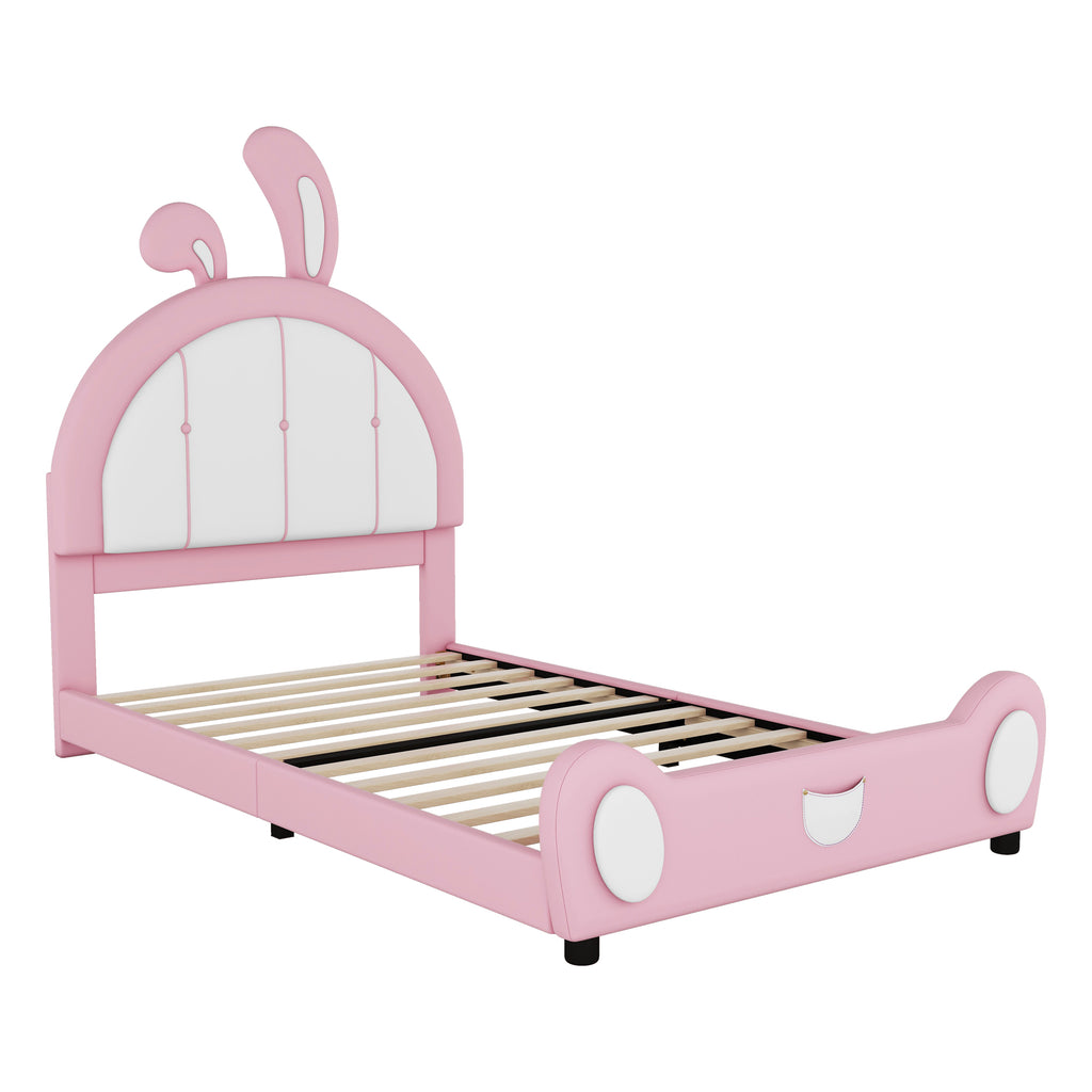 Leoglint Twin Size Upholstered Platform Bed Frame with Rabbit Shaped Headboard, Pink