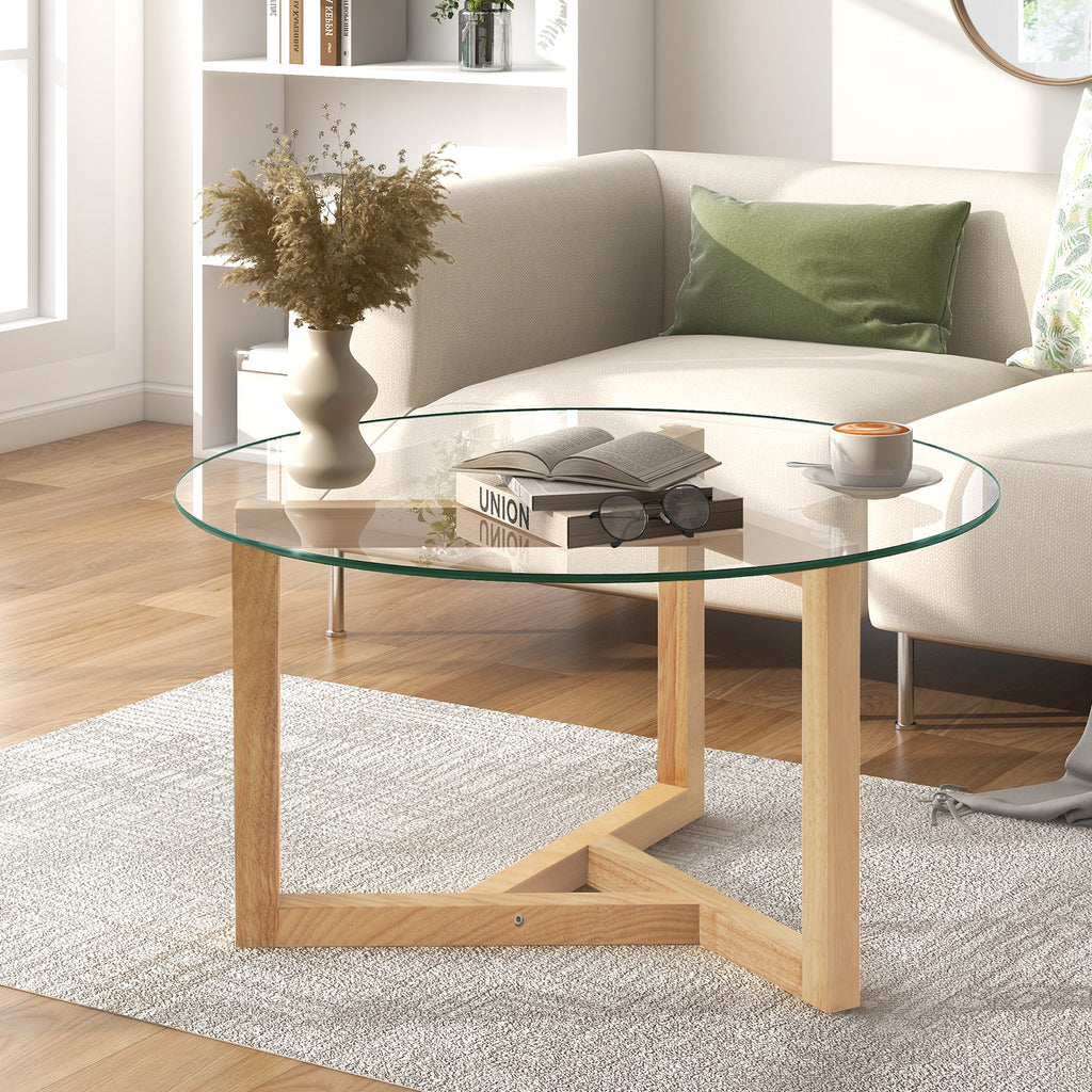 Leoglint [New Picture] ON-TREND Round Glass Coffee Table Modern Cocktail Table Easy Assembly with Tempered Glass Top & Sturdy Wood Base, Natural (OLD SKU: WF190112AAL)