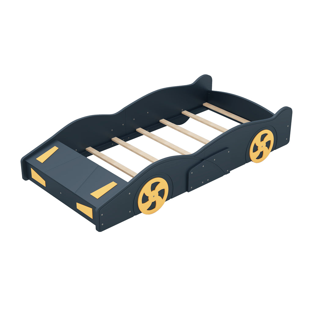 Leoglint Twin Size Race Car-Shaped Platform Bed Frame with Wheels and Storage, Dark Blue+Yellow