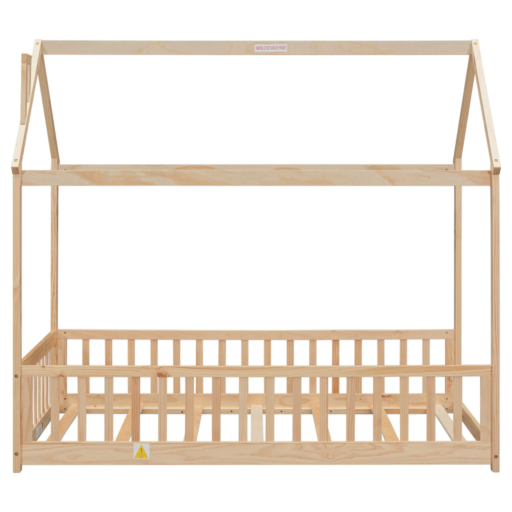 Twin House Bed Frame with Guardrails, Slats ,Natural