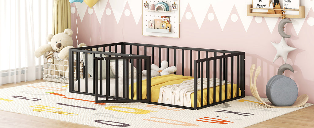 Leoglint Twin Size Metal Floor Bed Frame with Fence and Door, Black