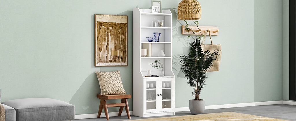 Leoglint ON-TREND Elegant Tall Cabinet with Acrylic Board Door, Versatile Sideboard with Graceful Curves, Contemporary Bookshelf with Adjustable Shelves for Living Room, White