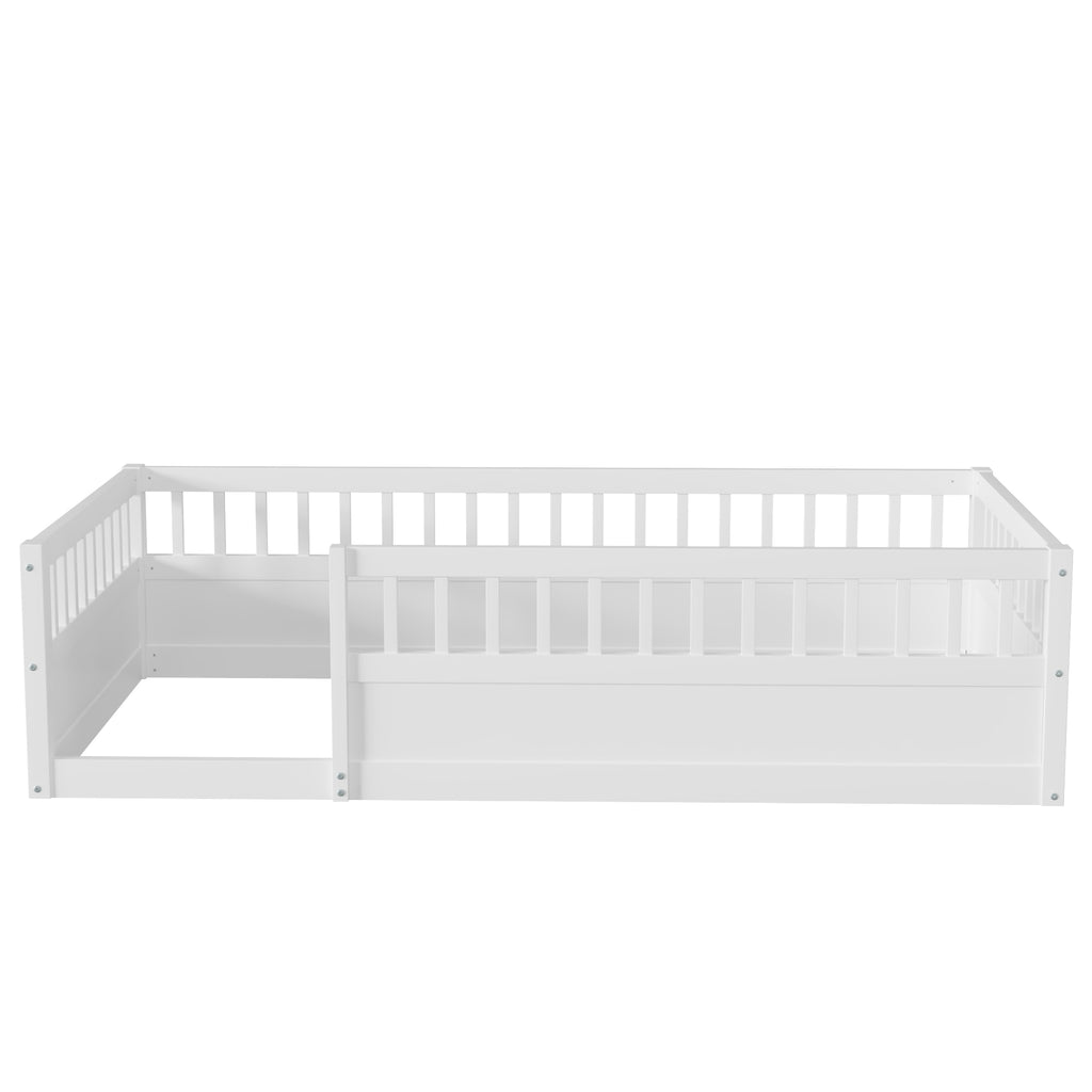 Twin Floor Bed Frame with Fence, Wood Kids Floor Beds Frame for Bedroom Playroom,White(Expect arrive date Jun. 21st)