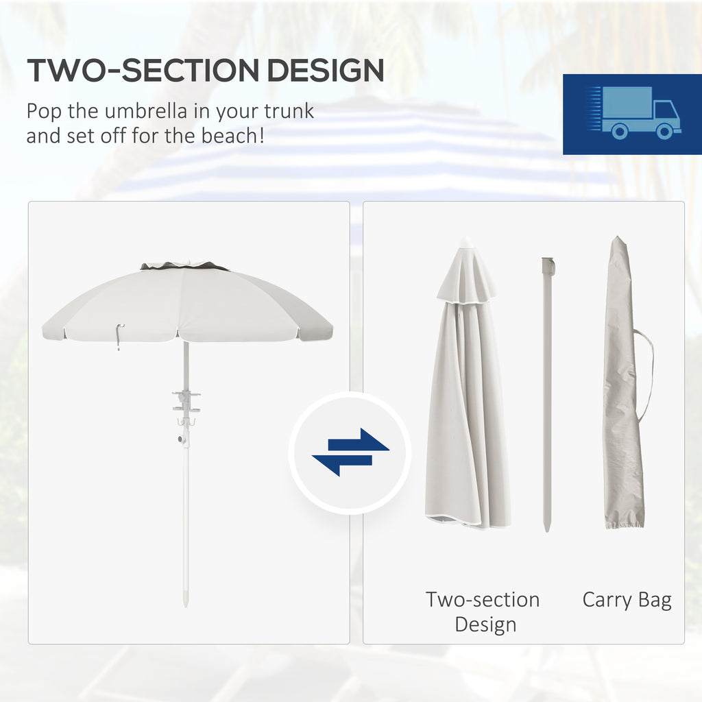 Leoglint 5.7' Portable Beach Umbrella with Tilt, Adjustable Height, 2 Cup Holders & Hooks, UV 40+ Ruffled Outdoor Umbrella with Vented Canopy, Cream White