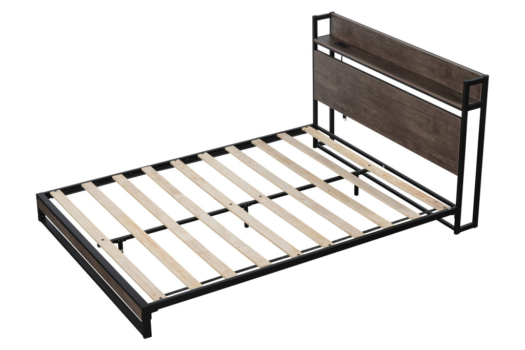 Platform Queen Bed Frame with Socket, Fast Assemble Design