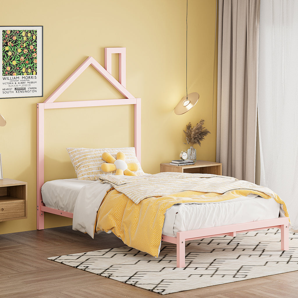 Leoglint Twin Size Metal Platform Bed Frame with House-Shaped Headboard Design, Pink