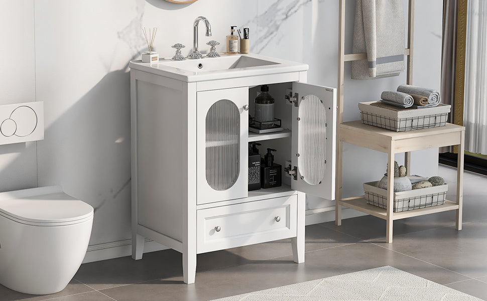 Leoglint 24" Bathroom Vanity with Sink, Bathroom Vanity Cabinet with One Drawer and Doors, Adjustable Shelf, Solid Wood and MDF, White