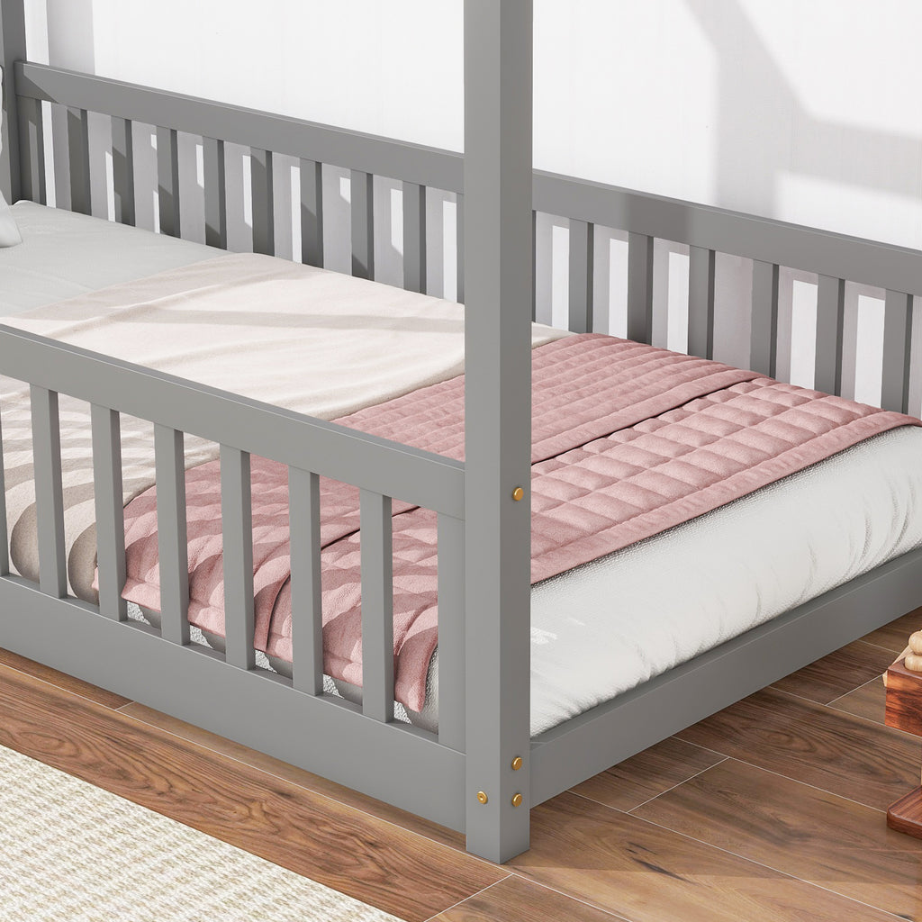 Twin House Bed Frame with Guardrails, Slats ,Grey