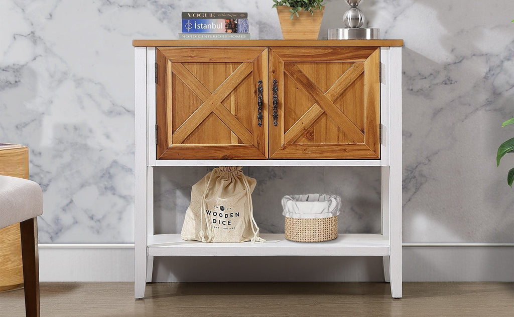 Leoglint 35''Farmhouse Wood Buffet Sideboard Console Table with Bottom Shelf and 2-Door Cabinet, for Living Room, Entryway,Kitchen Dining Room Furniture (Antique White + Natural Acacia Top & Door)