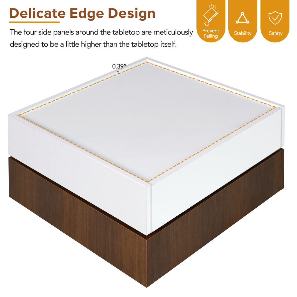 Leoglint [VIDEO provided] ON-TREND Square 360°Rotating Coffee Table with 2 Drawers, High Gloss 2-Tier Center Table with Swivel Tabletop and Storage, Walnut Table Frame Side Table for Living Room, White