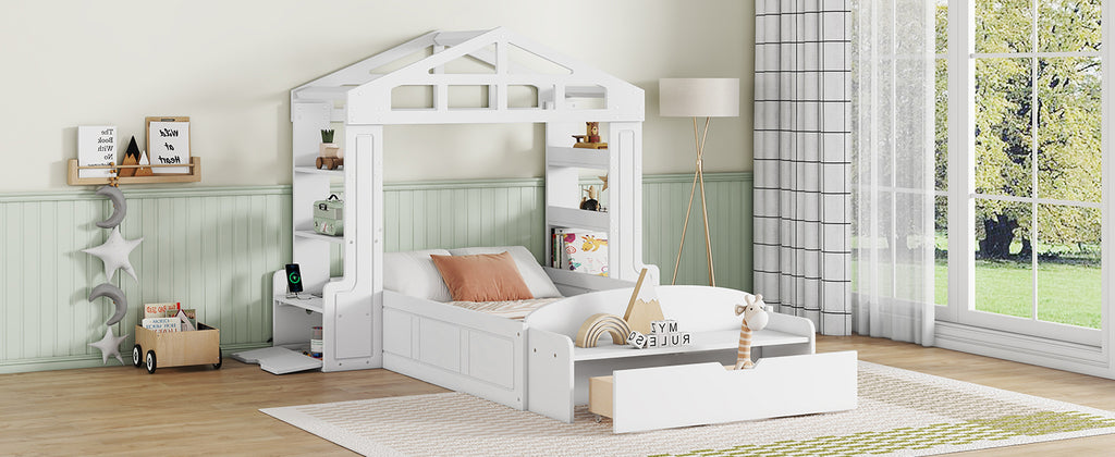 Leoglint Twin Size House Bed Frame with Bench, Socket and Shelves, White