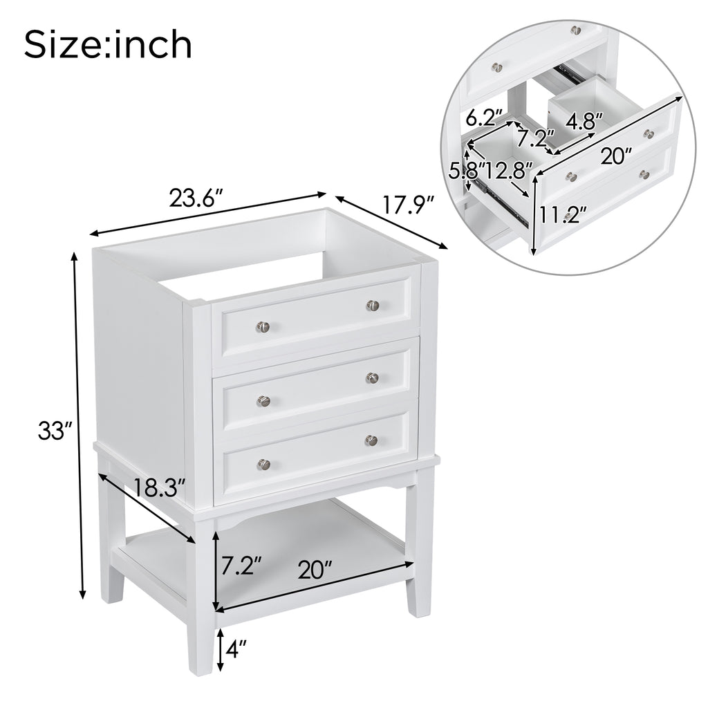 Leoglint 24" Bathroom Vanity Without Sink, Base Only, Solid Wood Frame, Bathroom Storage Cabinet with Drawer and Open Shelf, White