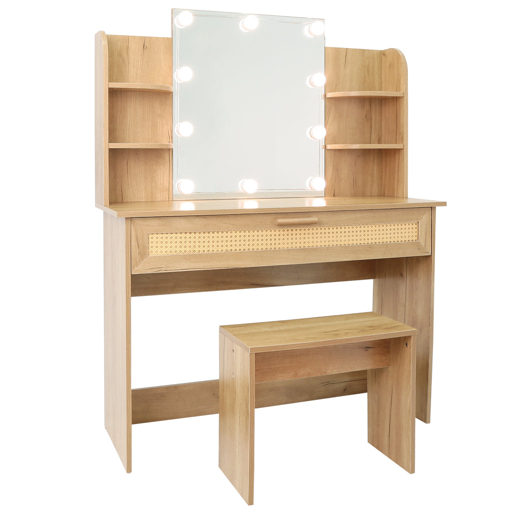 Leoglint Drawer Chest Vanity Desk Set Stool & Dressing Table with LED Lighting Mirror Drawer and Compartments Modern Wood Cosmetic Table Chest of Drawers Nature Color