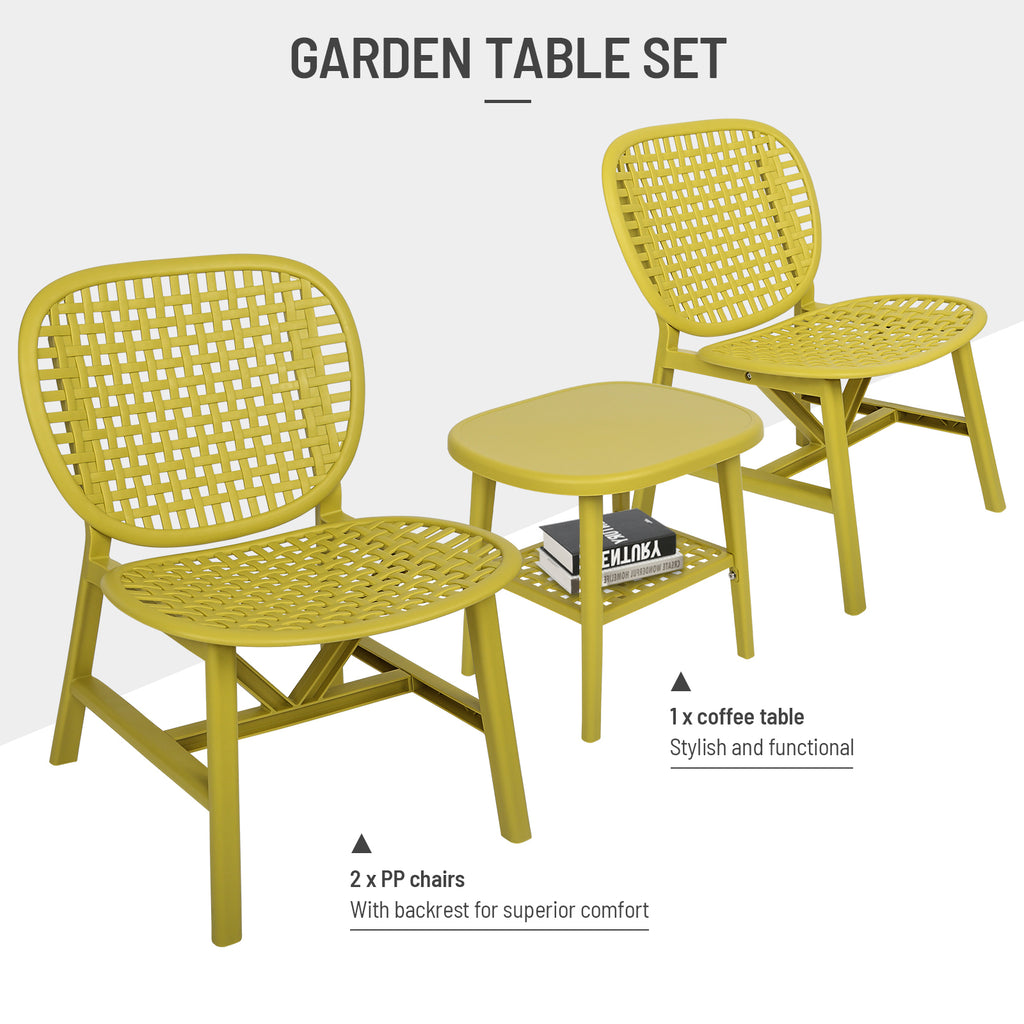 Leoglint 3 Pieces Hollow Design Patio Table Outdoor Chair Set All Weather Conversation Bistro Set Outdoor Coffee Table with Open Shelf and Lounge Chairs with Widened Seat for Balcony Garden Yard Yellow