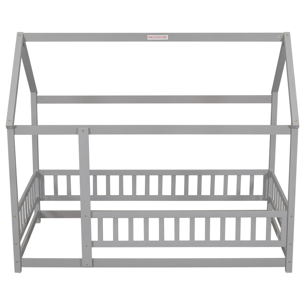 Leoglint Twin Size Floor Wooden Bed Frame with House Roof Frame, Fence Guardrails,Grey(Old SKU:W1791106614)