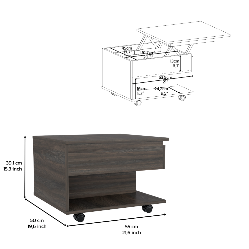 Leoglint 15" H carbon espresso coffee table, 4 brake wheels, lifting top that allows storage inside the table, 1 lower shelf and 1 vertical division that allows you to decorate with photos, and design books.