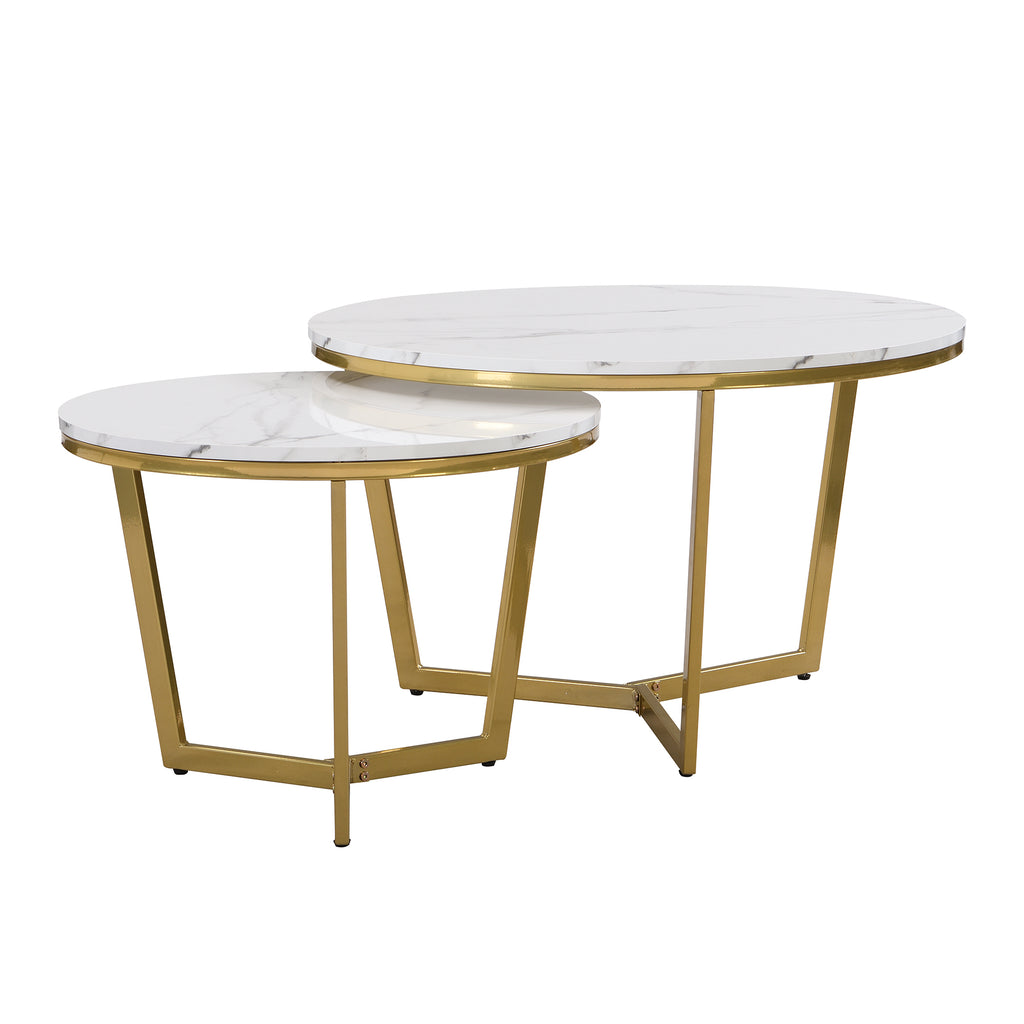 Leoglint Modern Round Nesting Coffee Table Set 2-Piece White & Marbling Top Gold Base