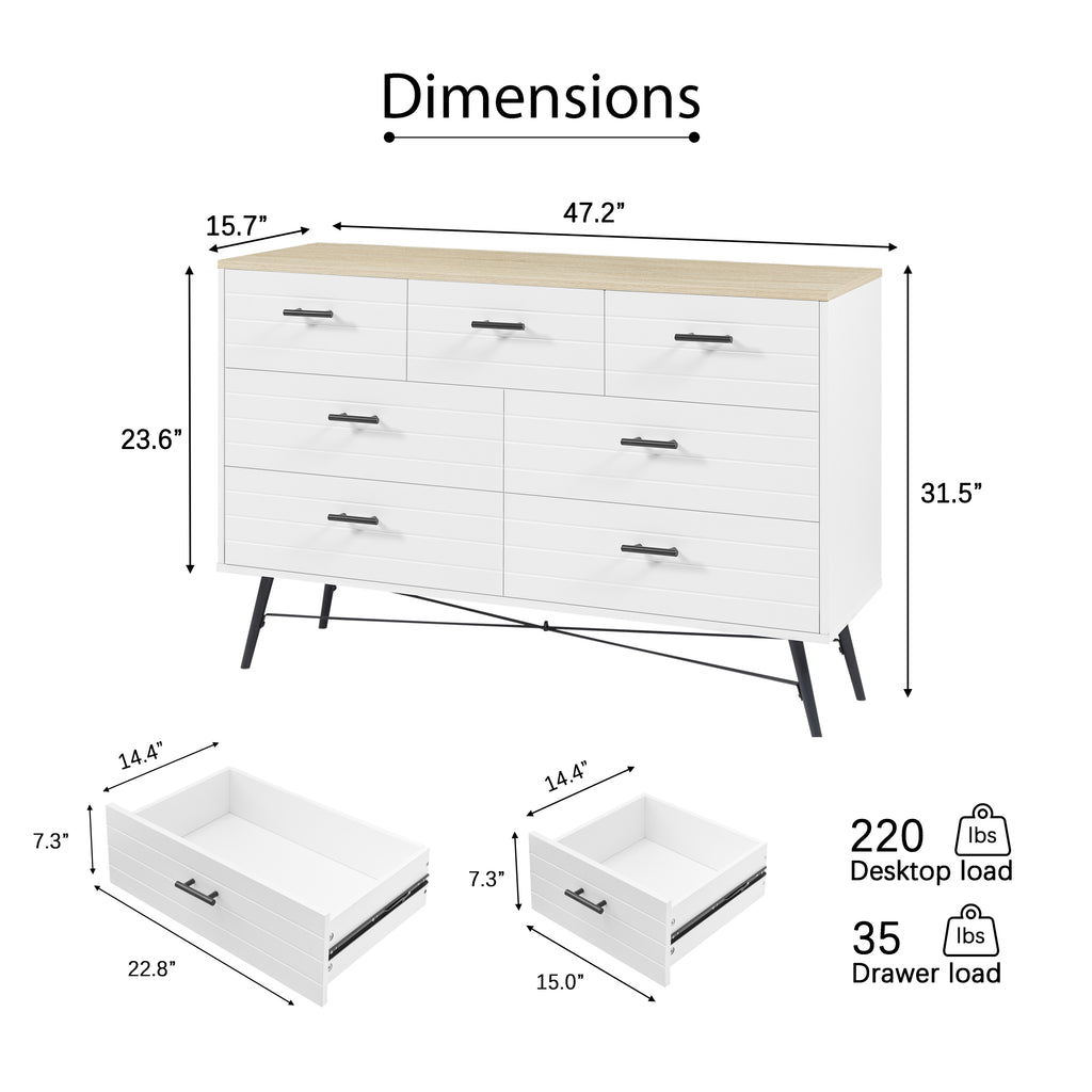 Leoglint 7 Drawer Chest Drawer Dresser for Bedroom with Deep Drawers, Wood Dressers & Chest of Drawers, Modern White Long Dressers for Closet Living Room, 47.2"W x 15.7"D x 31.5"H, White & oak