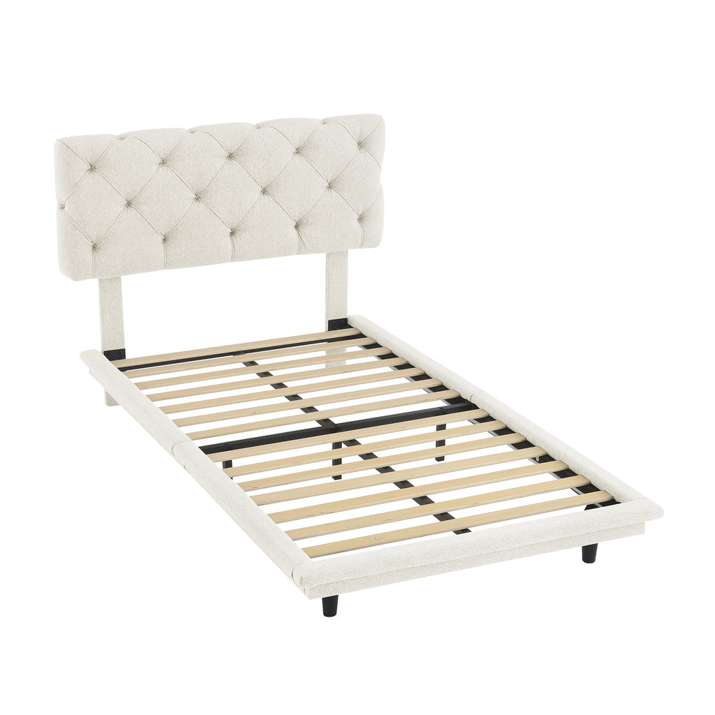 Leoglint Twin Size Upholstered Bed Frame with Light Stripe, Floating Platform Bed, Linen Fabric,Beige