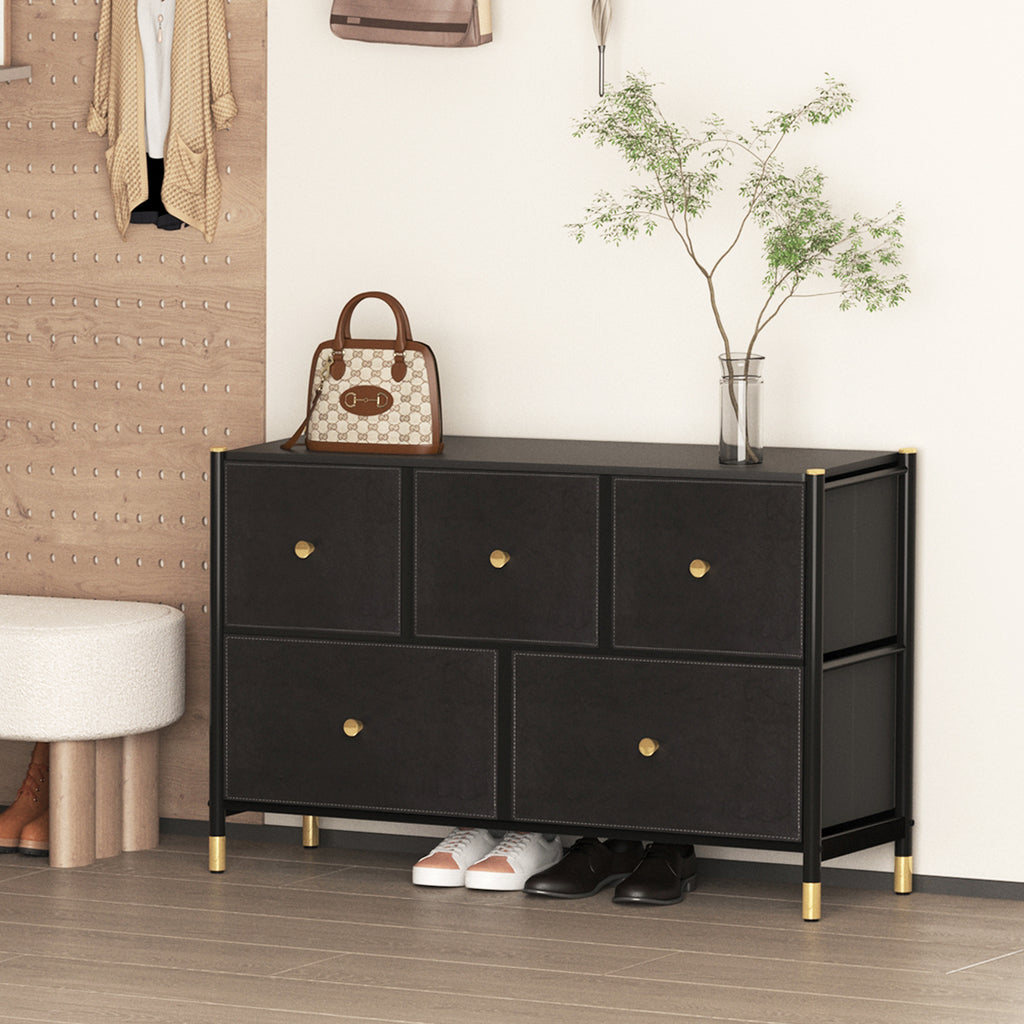 Leoglint Drawer Chest Drawer Dresser cabinet ,all Dresser with 5 PU Leather Front Drawers, Storage Tower with Fabric Bins, Double Dresser, Chest of Drawers for Closet, Living Room, Hallway, Children's Room, color:Black