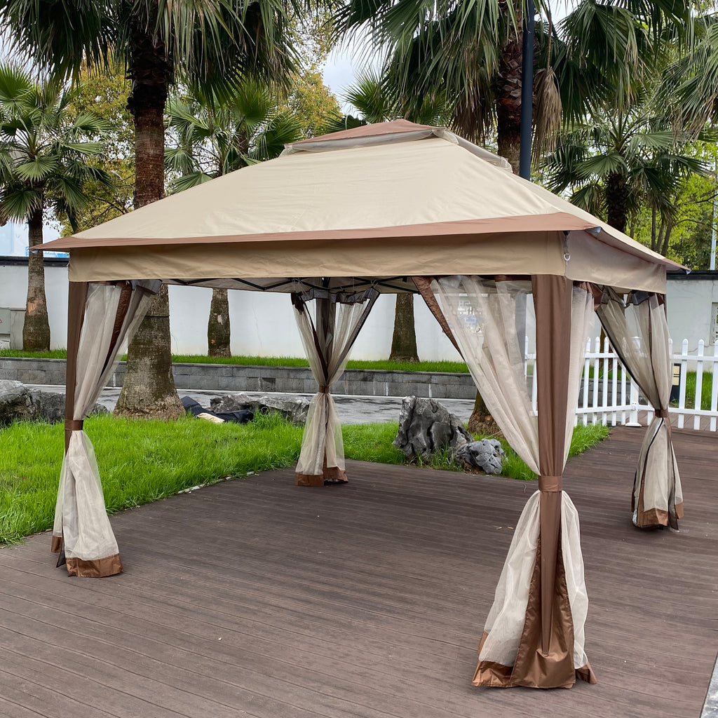 Leoglint Outdoor Umbrella 11x 11Ft Pop Up Gazebo Canopy With Removable Zipper Netting,2-Tier Soft Top Event Tent,Suitable For Patio Backyard Garden Camping Area,Coffee