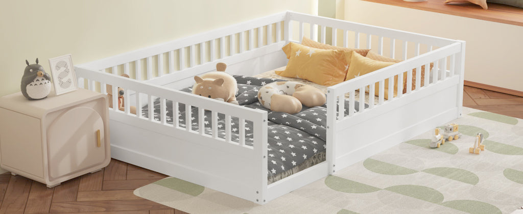 Leoglint Full Floor Bed Frame with Fence, Wood Kids Floor Beds Frame for Bedroom Playroom,White(Expect arrive date Jul. 10th)