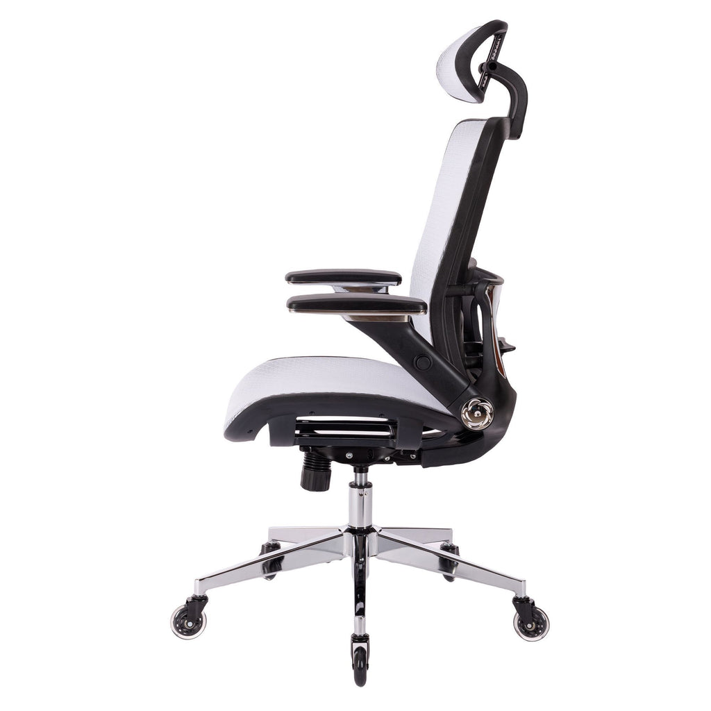 Leoglint WHITE Ergonomic Mesh Office Chair, High Back - Adjustable Headrest with Flip-Up Arms, Tilt and lock Function, Lumbar Support and blade Wheels, KD chrome metal legs