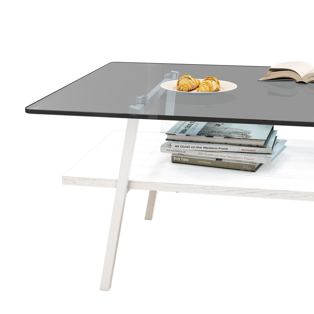 Leoglint Rectangle Coffee Table, Tempered Glass Tabletop with White Metal Legs, Modern Table for Living Room , Gray Glass