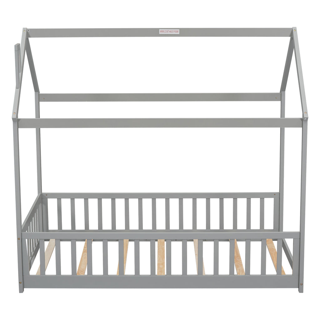 Twin House Bed Frame with Guardrails, Slats ,Grey