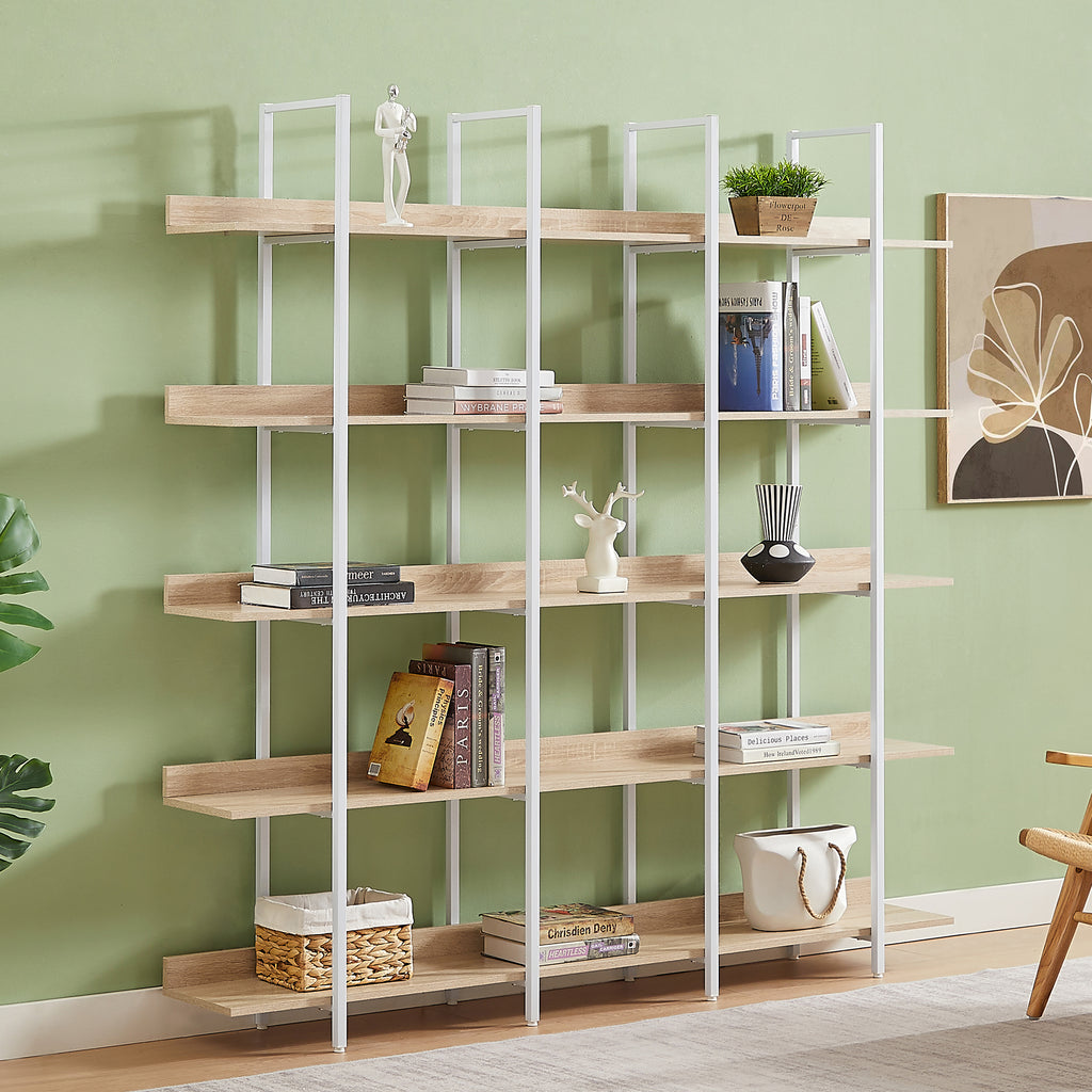 Leoglint 5 Tier Bookcase Home Office Open Bookshelf, Vintage Industrial Style Shelf, MDF Board, White Metal Frame, Oak