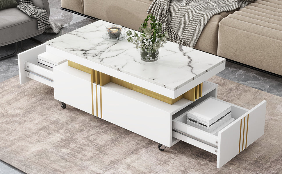 Leoglint [VIDEO provided] ON-TREND Contemporary Coffee Table with Faux Marble Top, Rectangle Cocktail Table with Caster Wheels, Moderate Luxury Center Table with Gold Metal Bars for Living Room, White