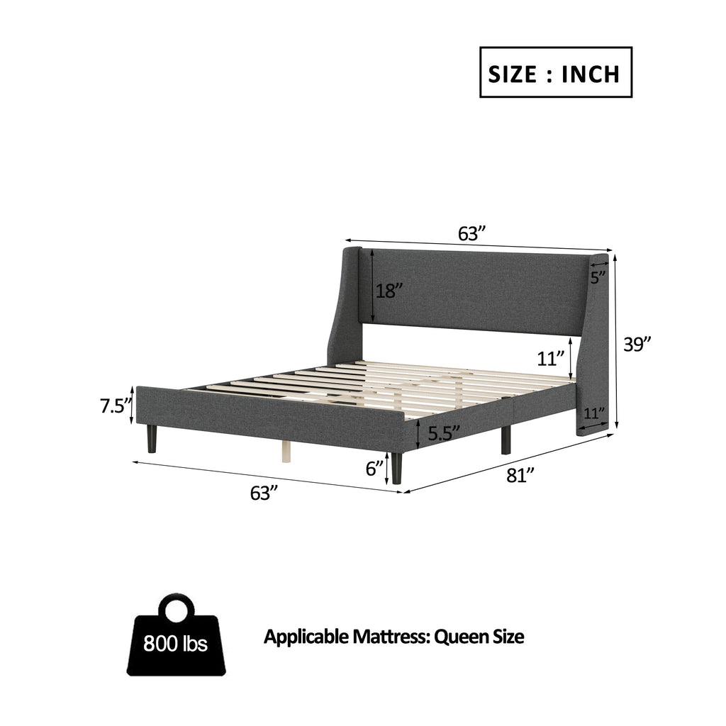 Queen Size Bed Frame Upholstered Bed Frame Platform ,Non-adjustable Headboard Linen Fabric Headboard Wooden Slats Support/No Box Spring Needed/Easy Assembly/Mattress Foundation, Light gray