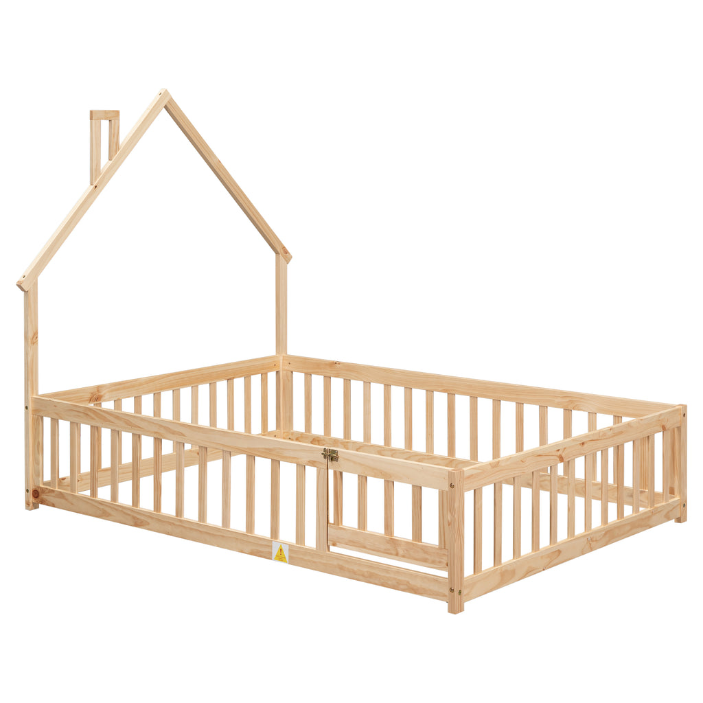 Leoglint Bed Frame Full House-Shaped Headboard Floor Bed with Fence,Natural