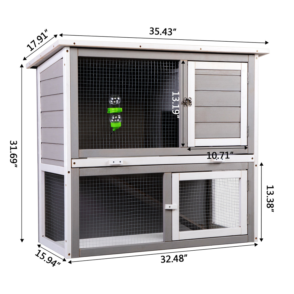 Leoglint Wooden Rabbit Hutch with Pull Out Tray, Weatherproof 2-Tier Bunny Run Cage, Outdoor Animal Enclosure for Multiple Pets - Gray