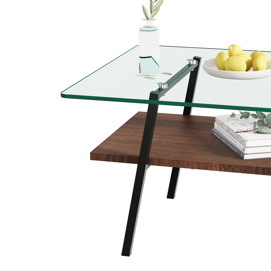 Leoglint Rectangle Coffee Table, Tempered Glass Tabletop with Black Metal Legs, Modern Table for Living Room , Transparent Glass