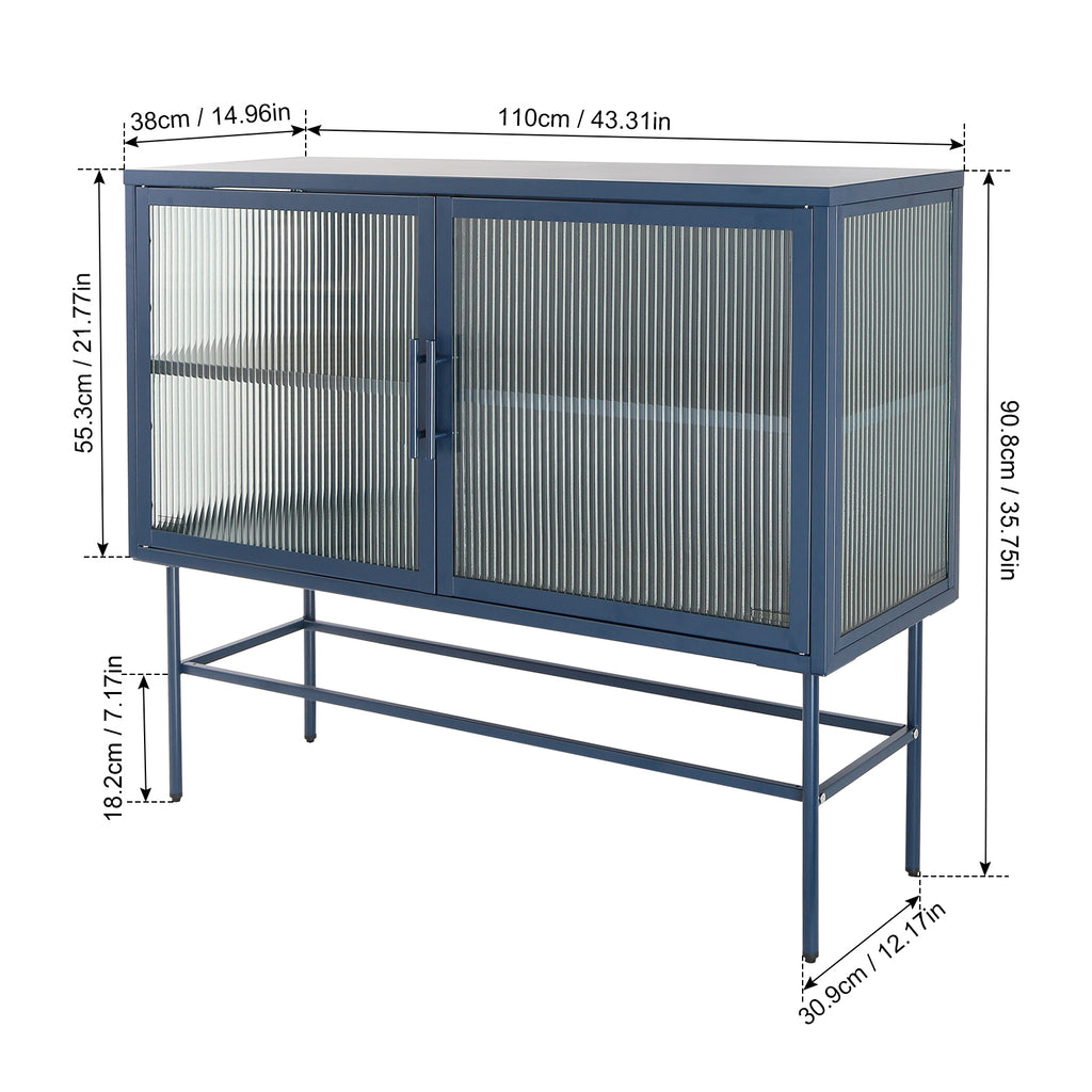 Leoglint Double Door Tempered Glass Sideboard Console Table with 2 Fluted Glass Doors Adjustable Shelf and Feet Anti-Tip Dust-free Kitchen Credenza Cabinet Blue