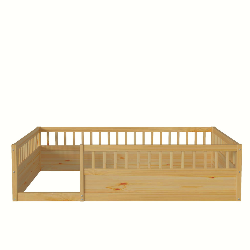 Leoglint Full Floor Bed Frame with Fence, Wood Kids Floor Beds Frame for Bedroom Playroom,Natural(Expect arrive date Jul. 10th)