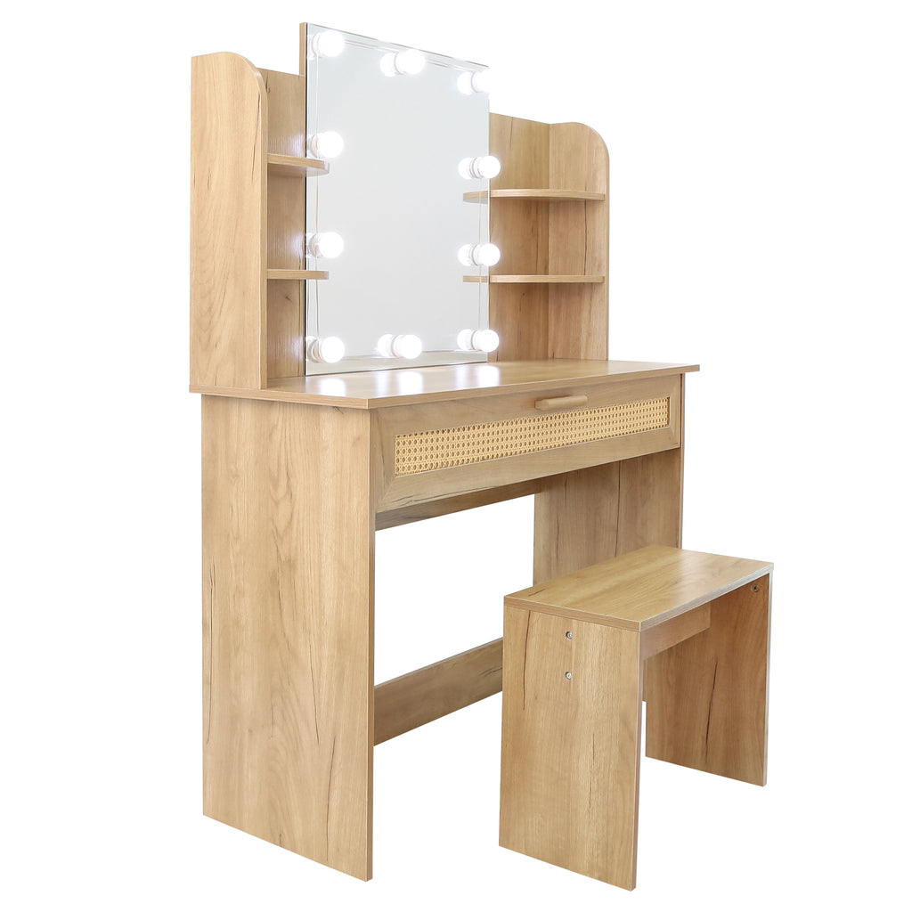 Leoglint Drawer Chest Vanity Desk Set Stool & Dressing Table with LED Lighting Mirror Drawer and Compartments Modern Wood Cosmetic Table Chest of Drawers Nature Color