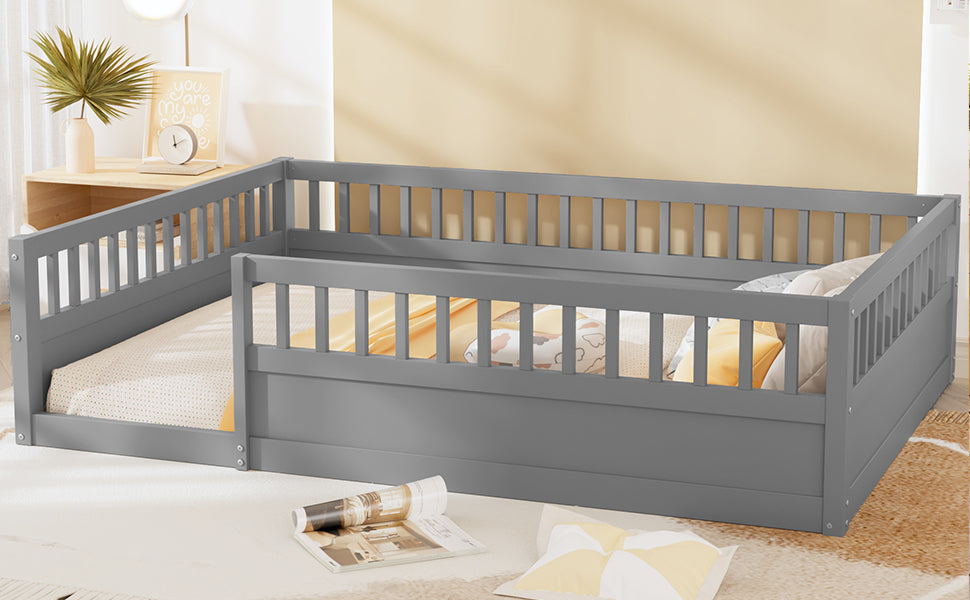 Leoglint Full Floor Bed Frame with Fence, Wood Kids Floor Beds Frame for Bedroom Playroom,Gray(Expect arrive date Jul. 10th)