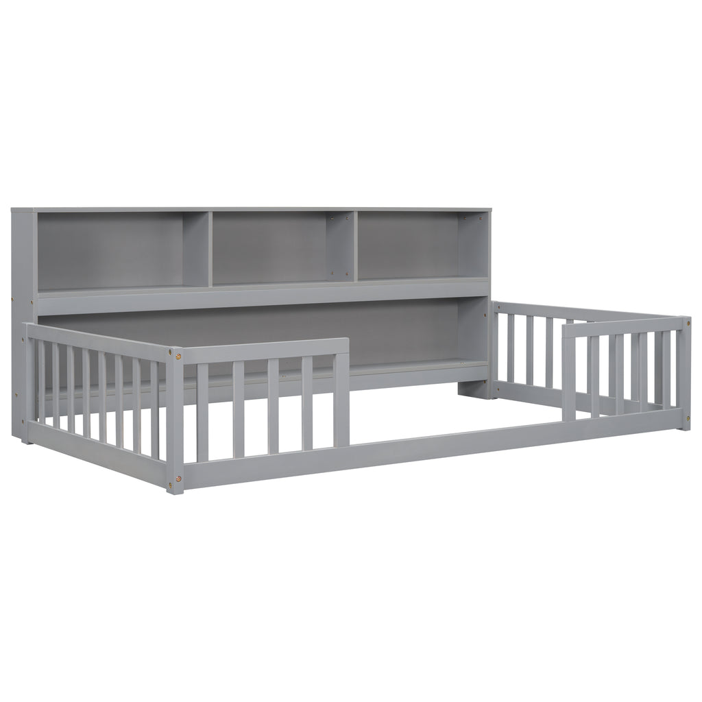 Twin Floor Bed Frame  with  Bedside Bookcase,Shelves,Guardrails,Grey