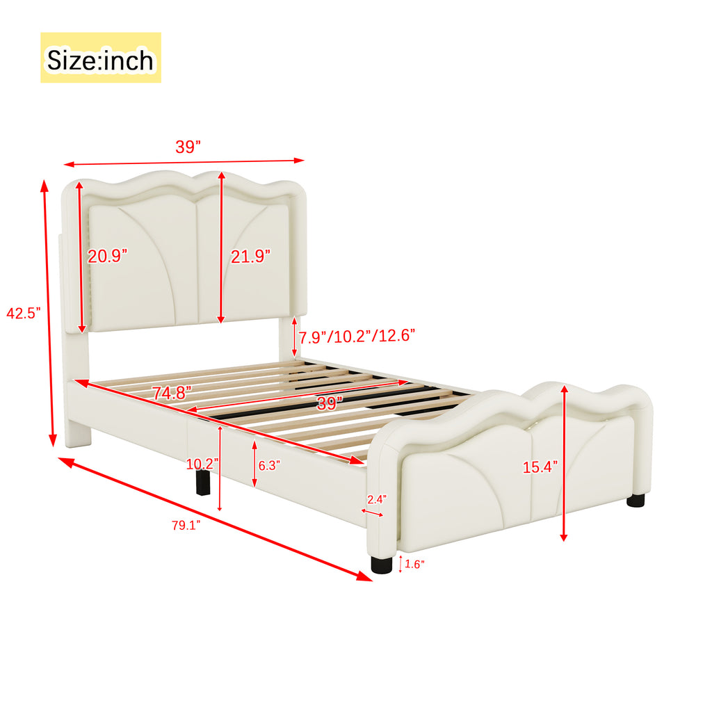 Leoglint Twin Size Upholstered Platform Bed Frame with Curve Shaped and Height-adjustbale Headboard,LED Light Strips,White